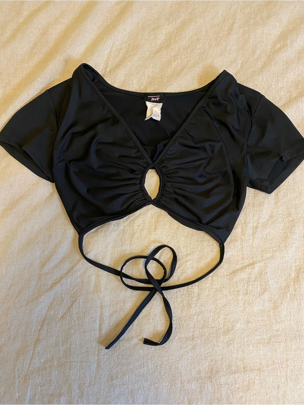 TOVA Black Ruched Cutout Crop Top Y2K Keyhole Wrap Around Waist Tie S